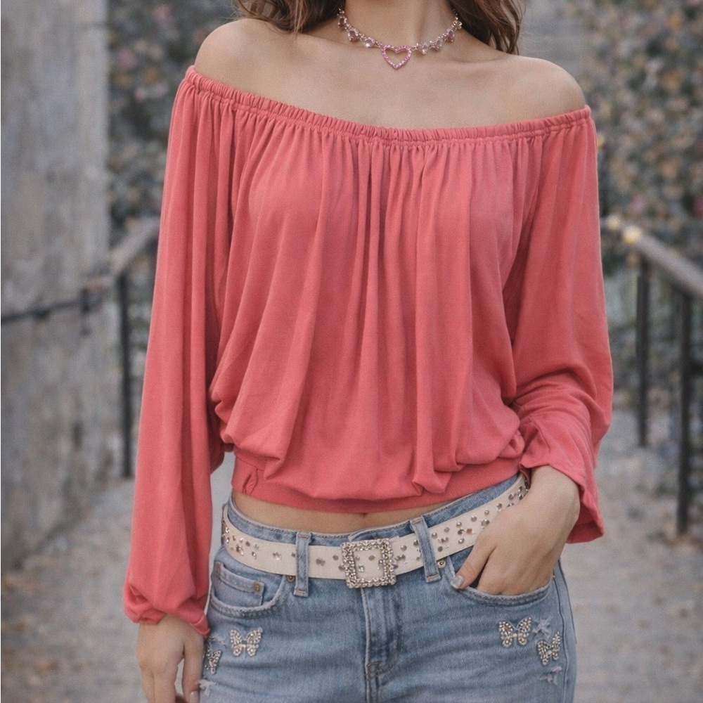 Bebe Pink Size Small Top With Off Shoulder Top and Dolman Long Sleeves.